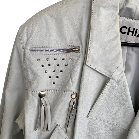Vintage 80s Chia Moto Embellished Fringe Rocker Coat white Leather Jacket Large - Picture 3 of 9
